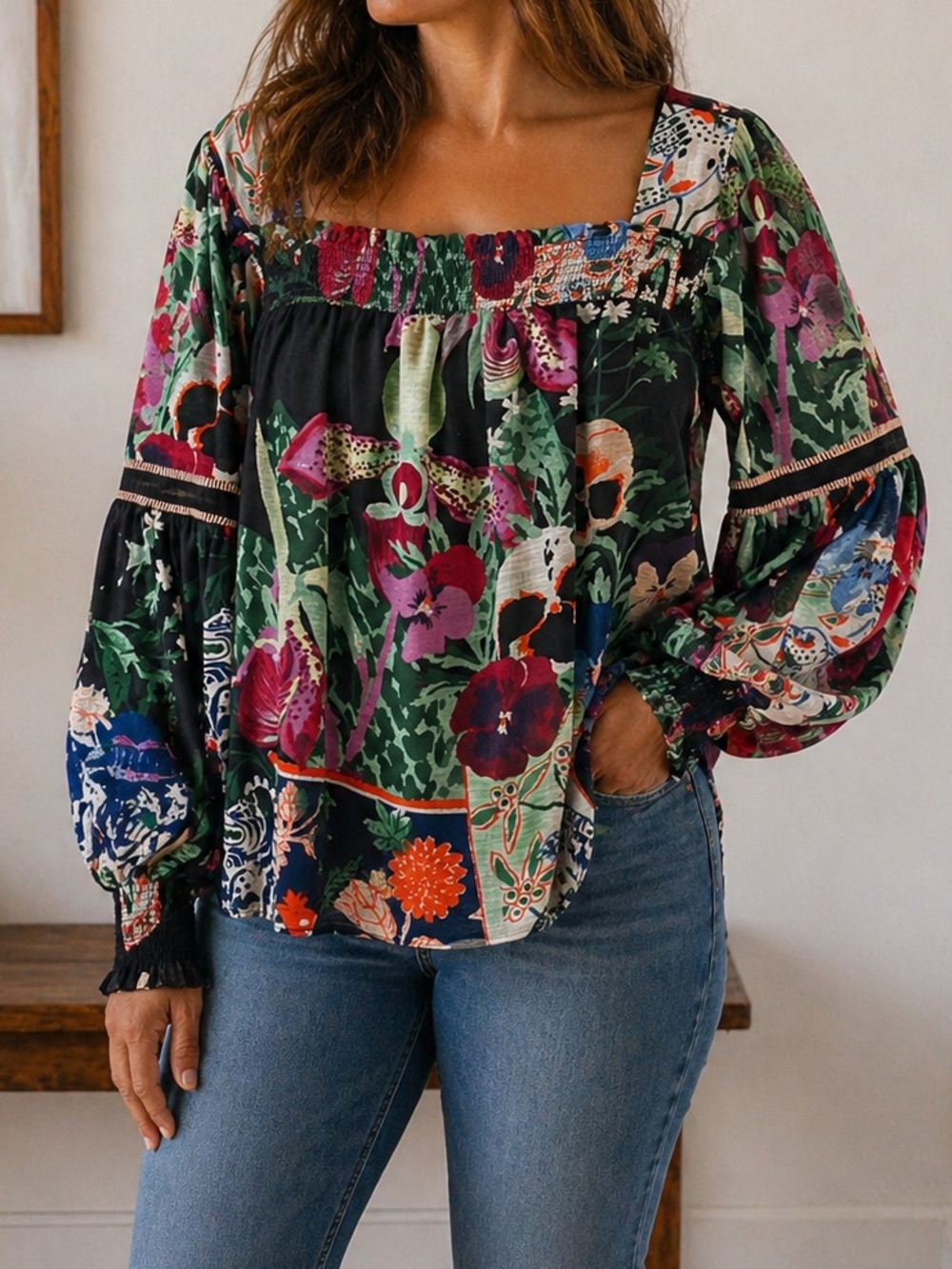 Anthropologie Floral Patchwork Peasant Blouse Size XS Boho Puff Sleeve Oversized
